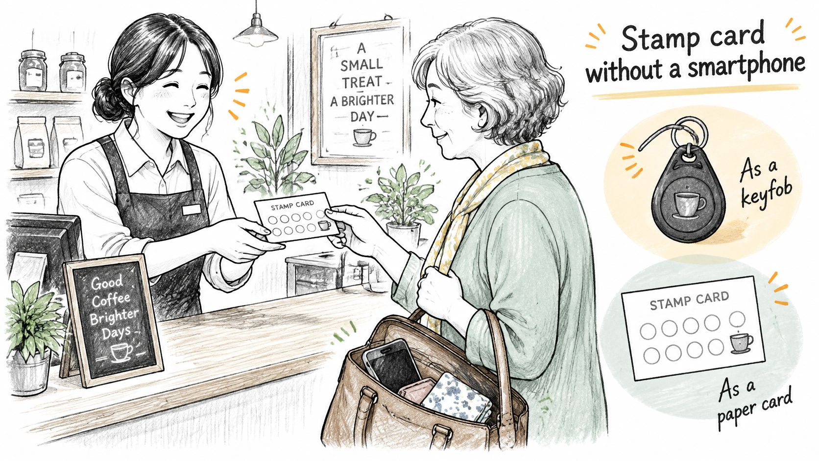 A friendly barista hands a paper stamp card to an elderly woman in a coffee shop.