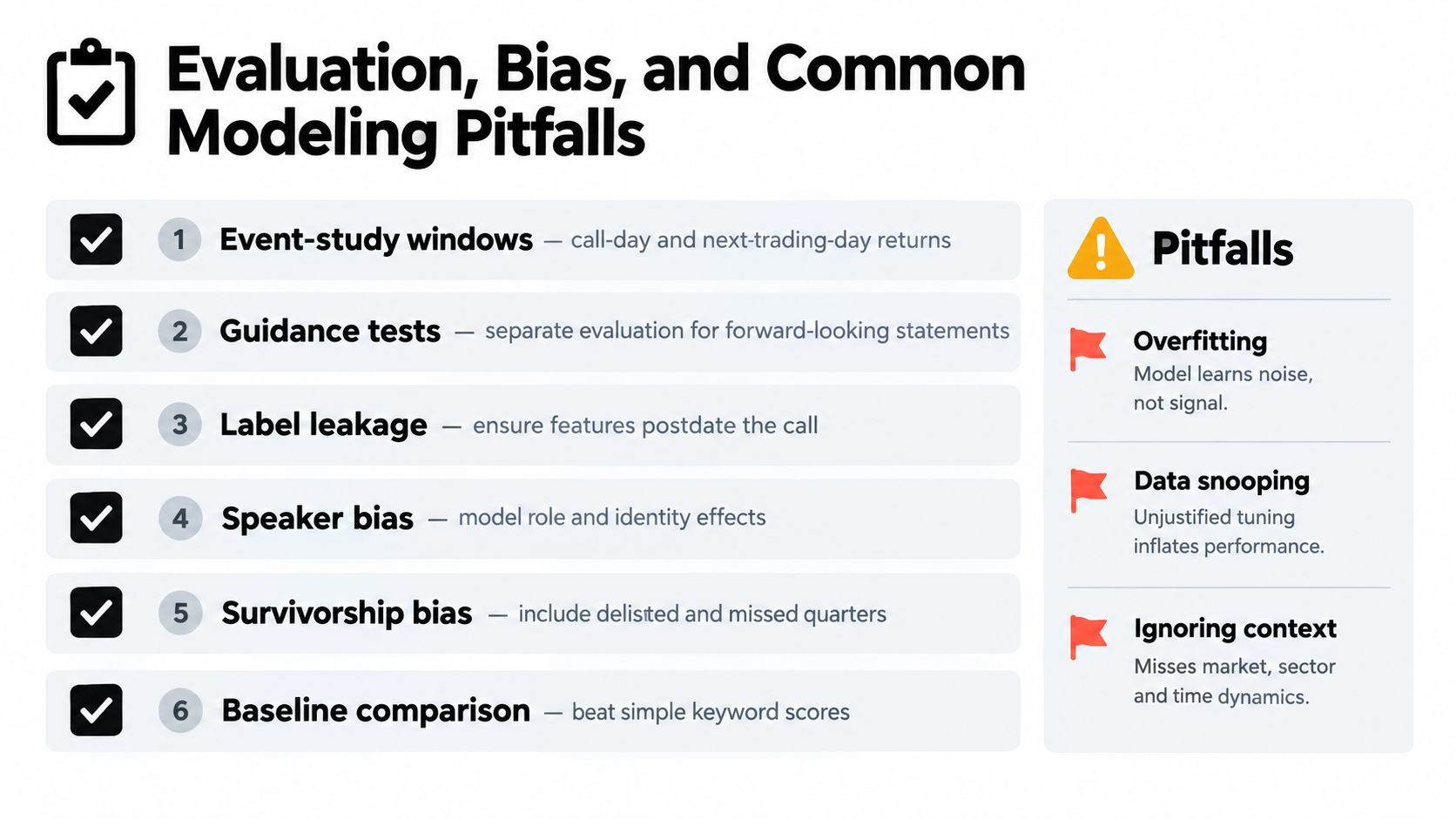 A slide outlining evaluation methods, potential biases, and common modeling pitfalls for financial earnings call sentiment analysis.