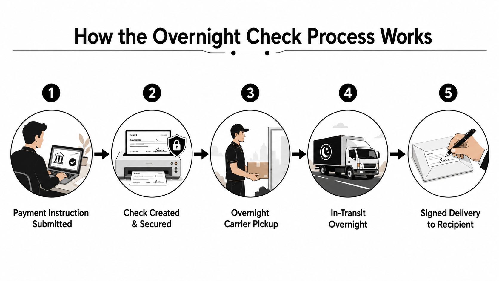 An infographic showing the five steps of the overnight check payment delivery process from submission to delivery.