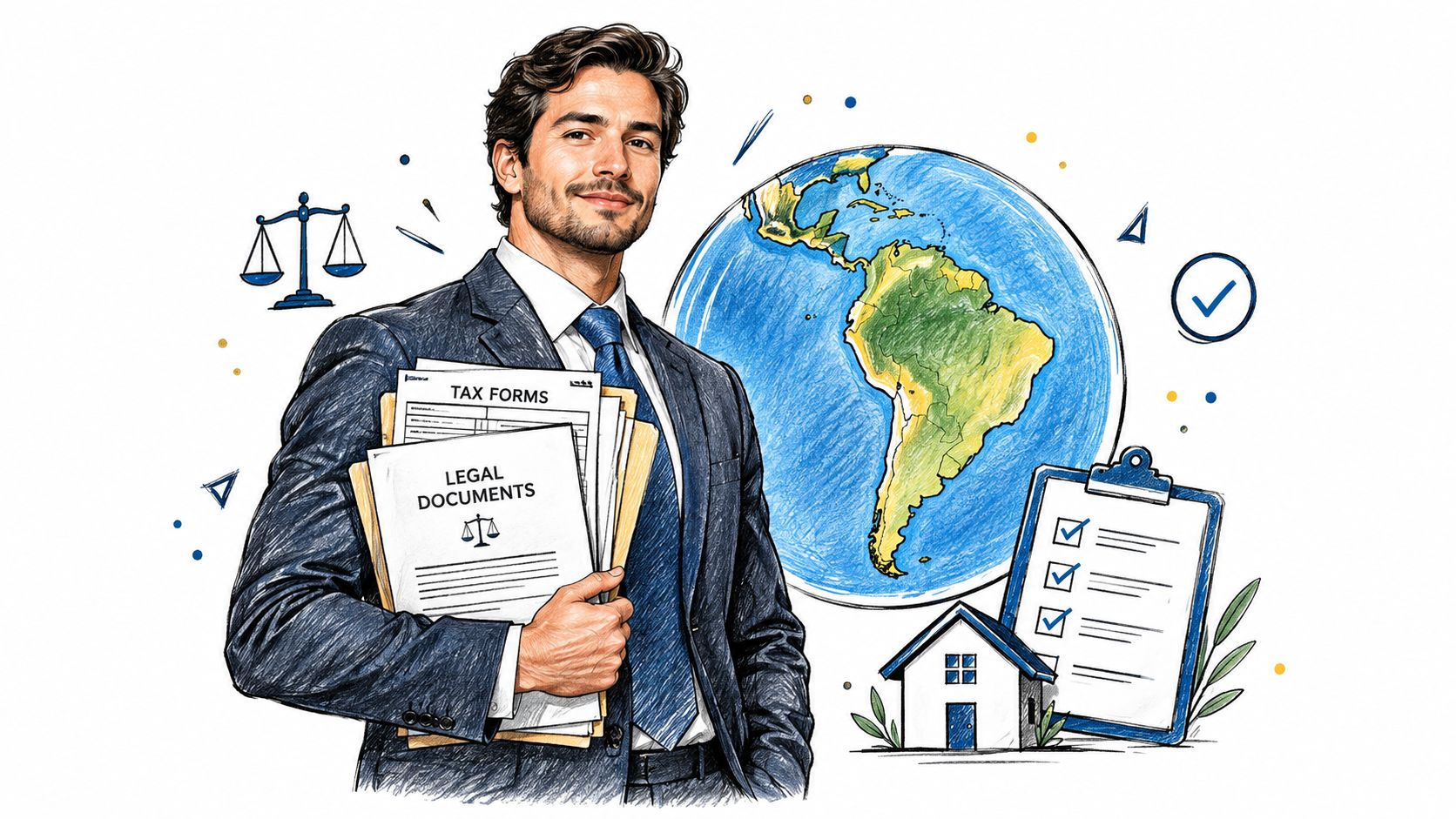 A professional man holding legal and tax documents in front of a globe and house icon.