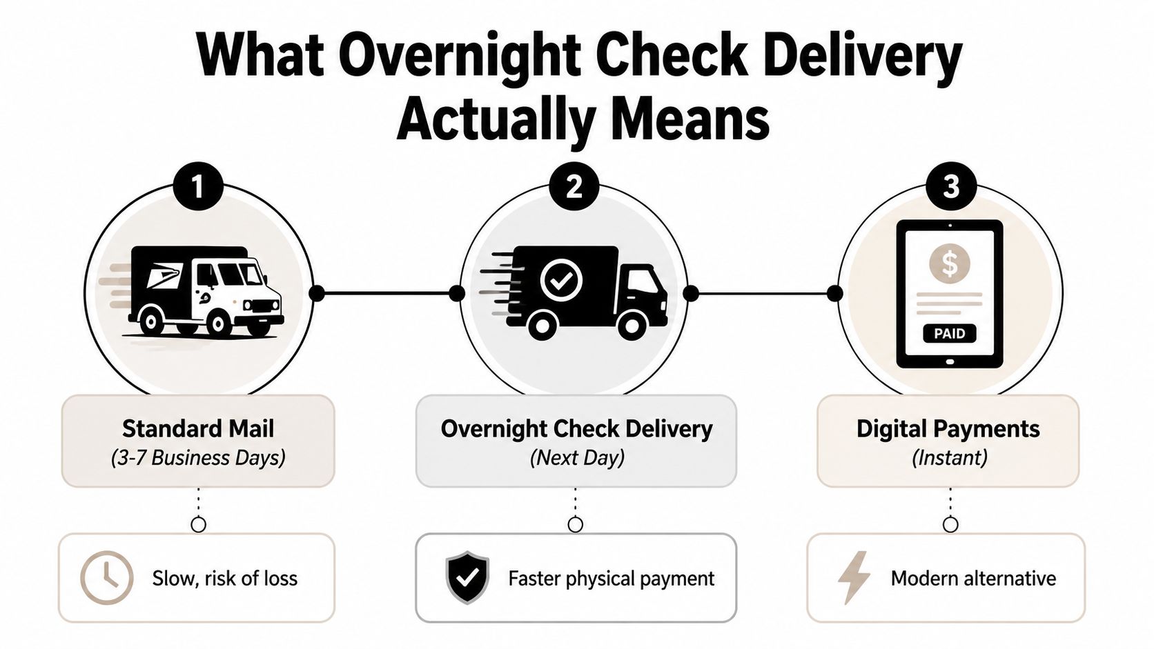 A comparison infographic showing standard mail, overnight check delivery, and digital payments with their respective delivery speeds.