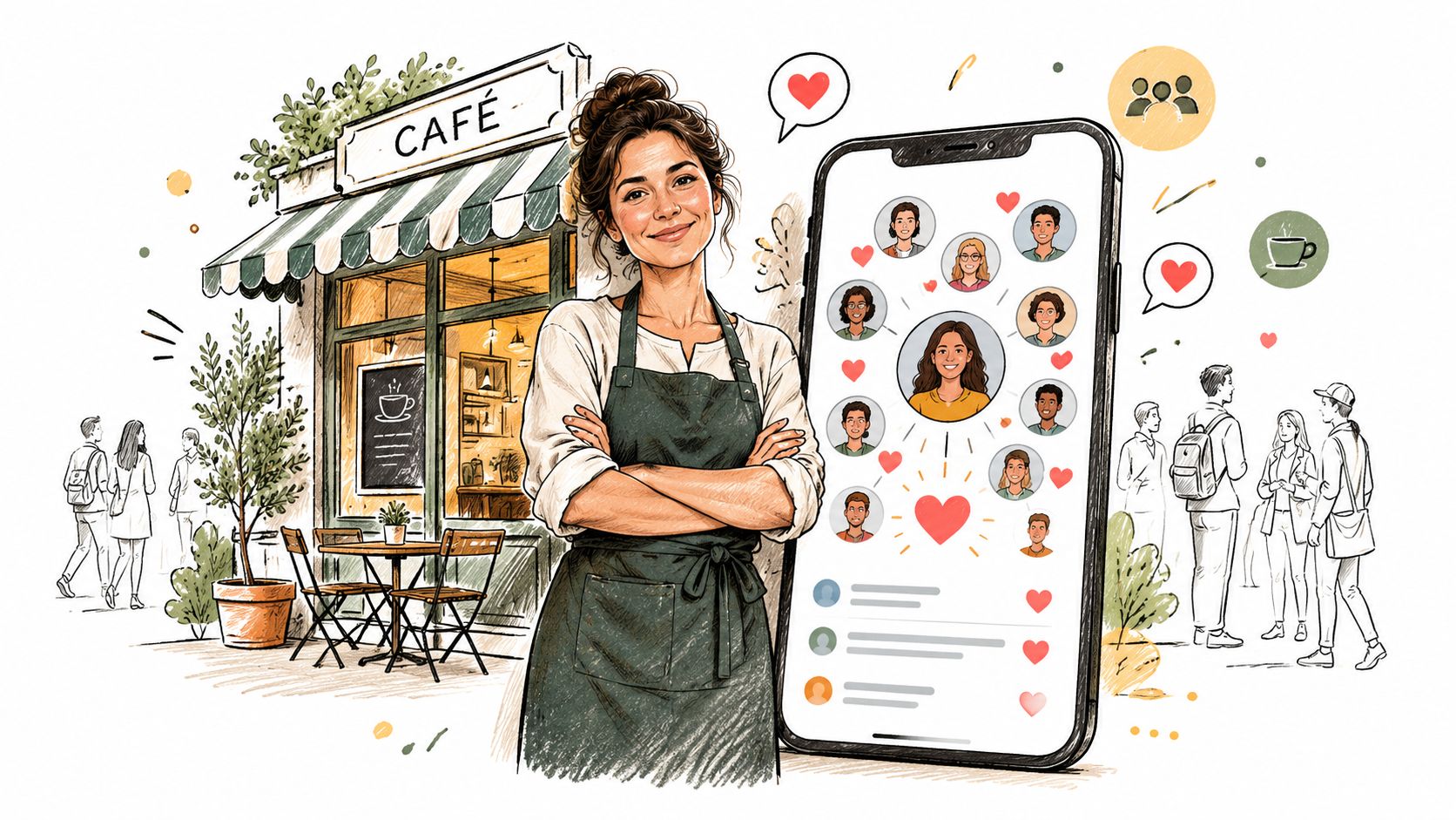 A cafe owner smiling in front of her store with a large smartphone displaying social network connections.