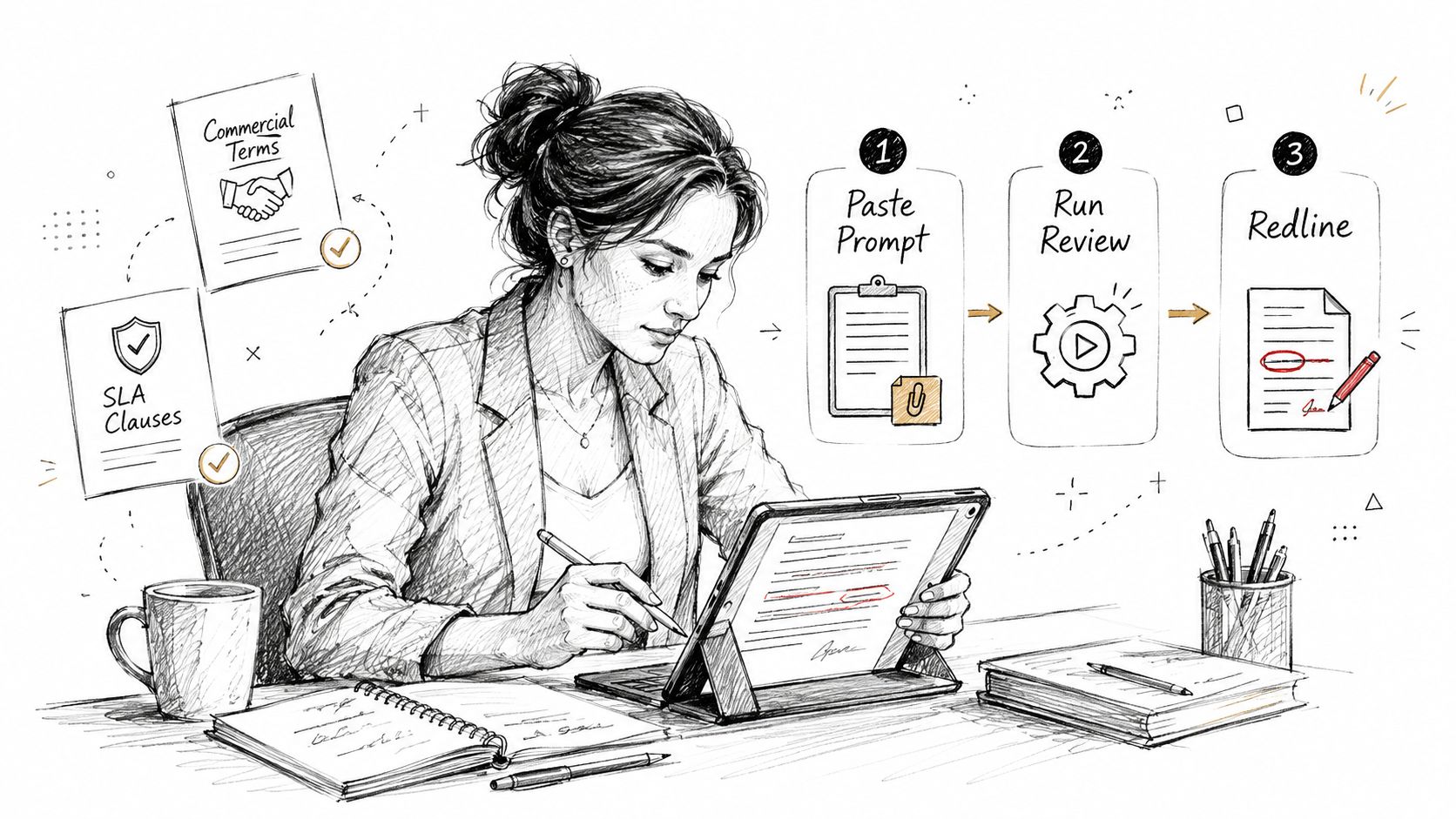 A professional woman uses a digital tablet to perform an automated AI contract review process.