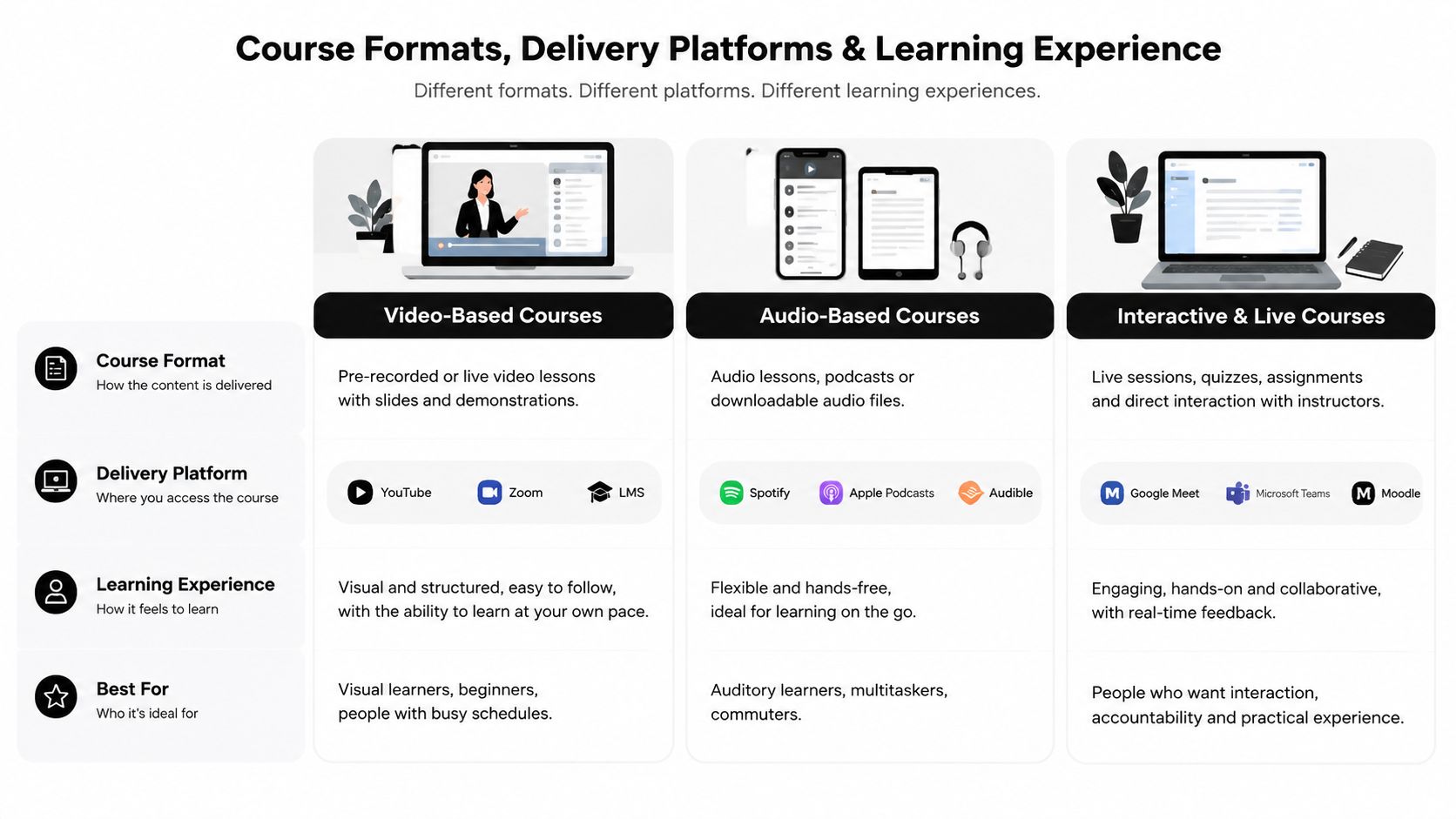A comparison chart outlining video, audio, and interactive online learning course formats, delivery platforms, and student experiences.