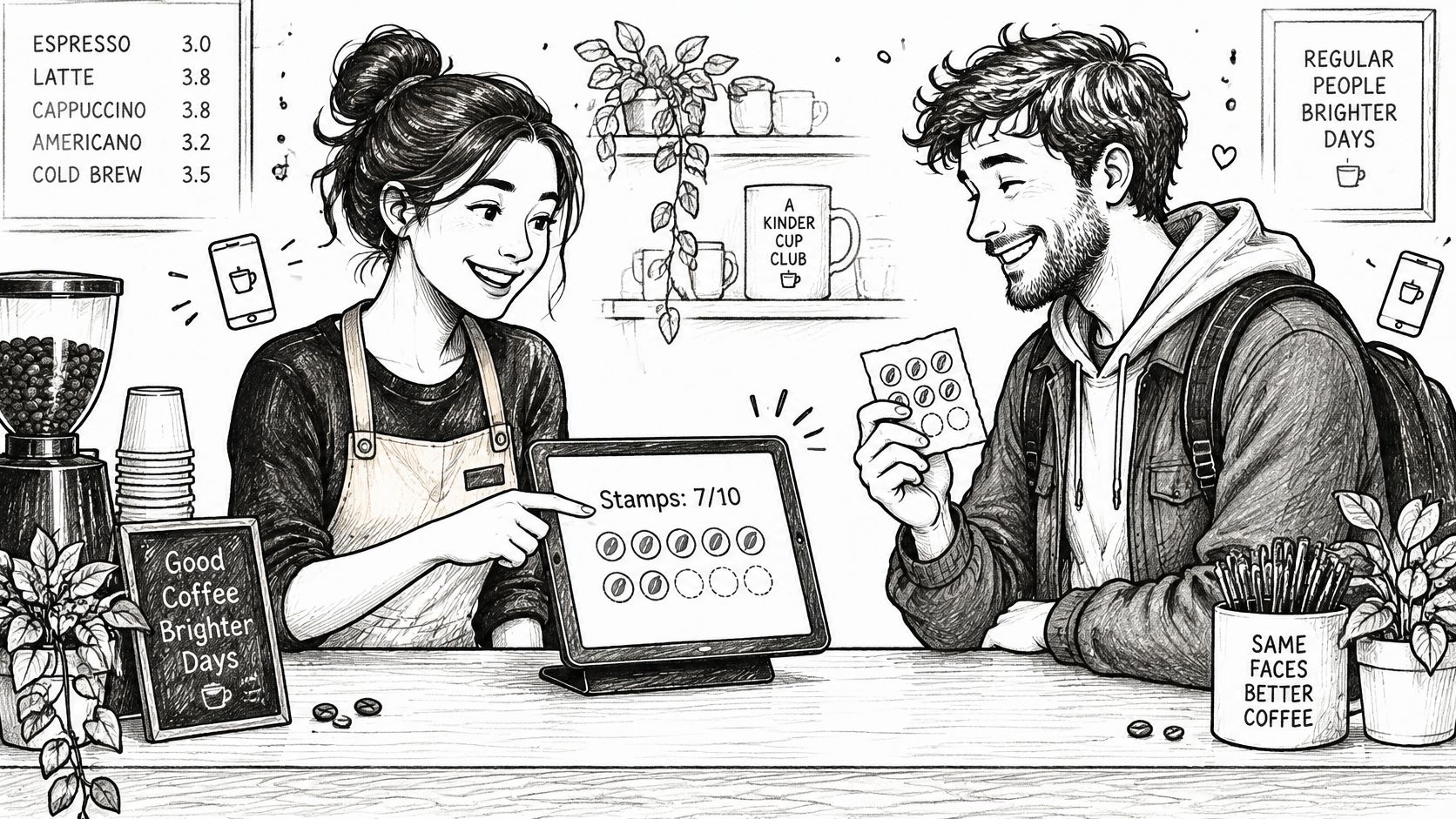 A friendly barista shows a digital coffee loyalty stamp card on a tablet to a smiling customer.