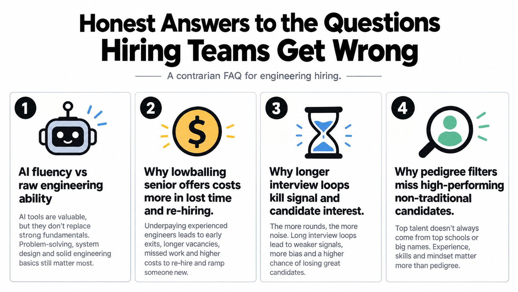 An infographic titled Honest Answers to the Questions Hiring Teams Get Wrong, displaying four key recruitment pitfalls.