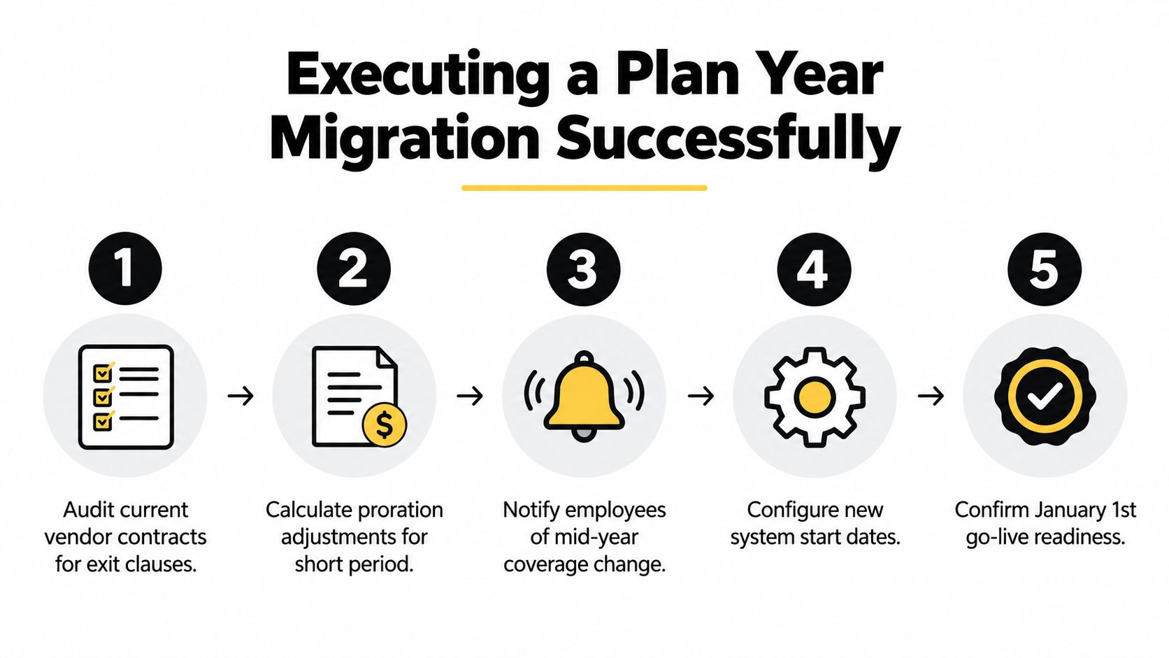 A five-step infographic titled Executing a Plan Year Migration Successfully detailing the process for annual migration.