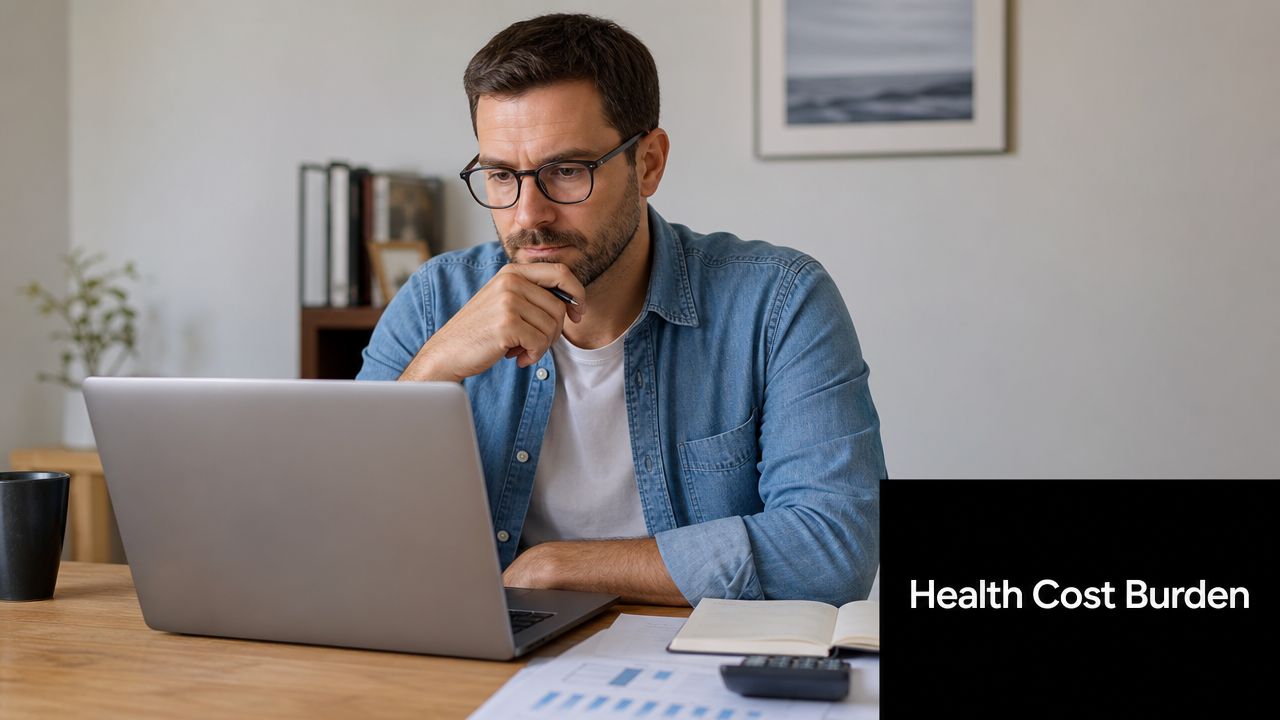 A man in a denim shirt sits at a desk analyzing health cost documents on his laptop.