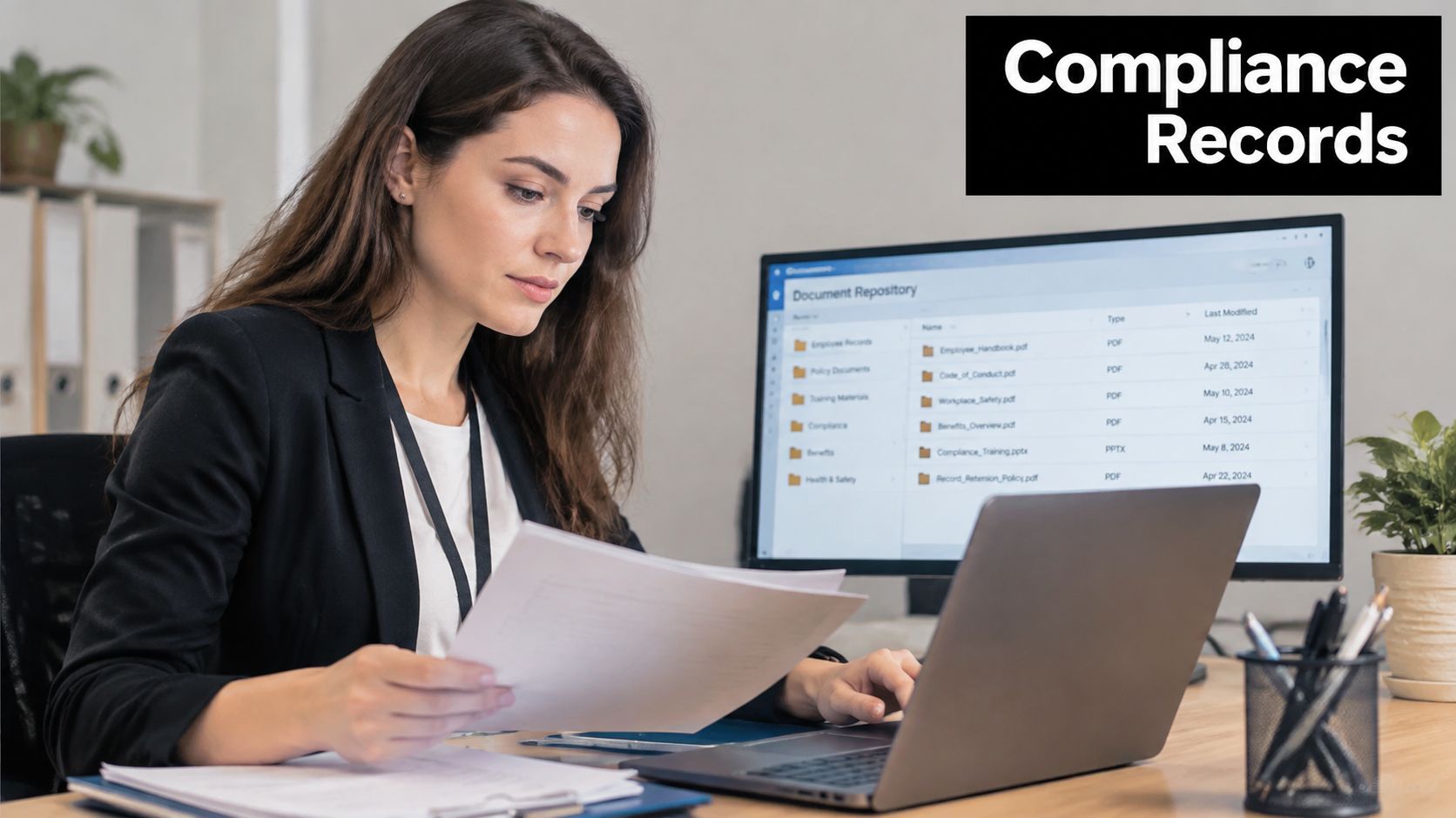 A professional woman in an office reviewing compliance documents while working on her laptop computer.