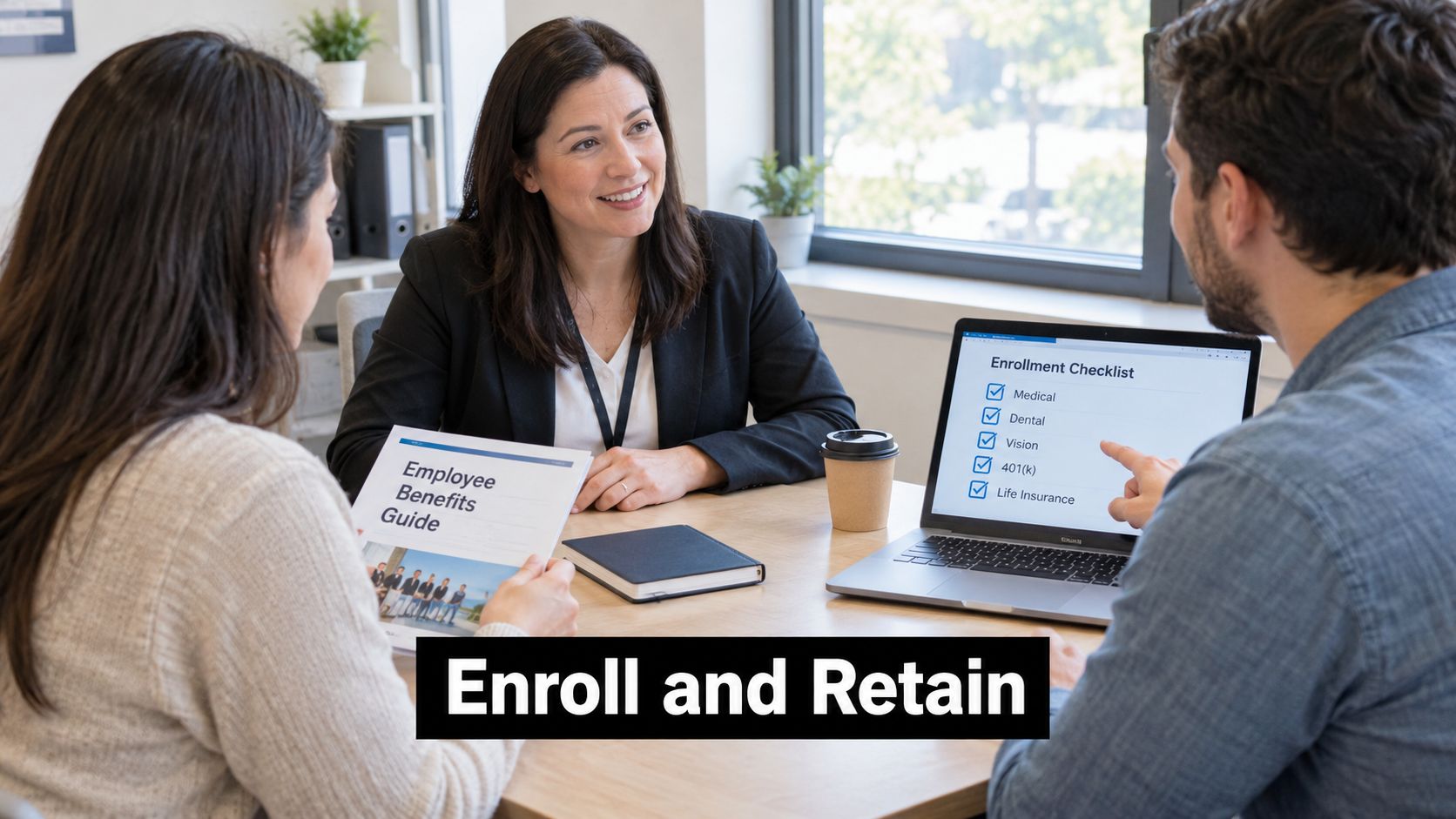 A professional human resources advisor meeting with employees to discuss company benefits and enrollment options.