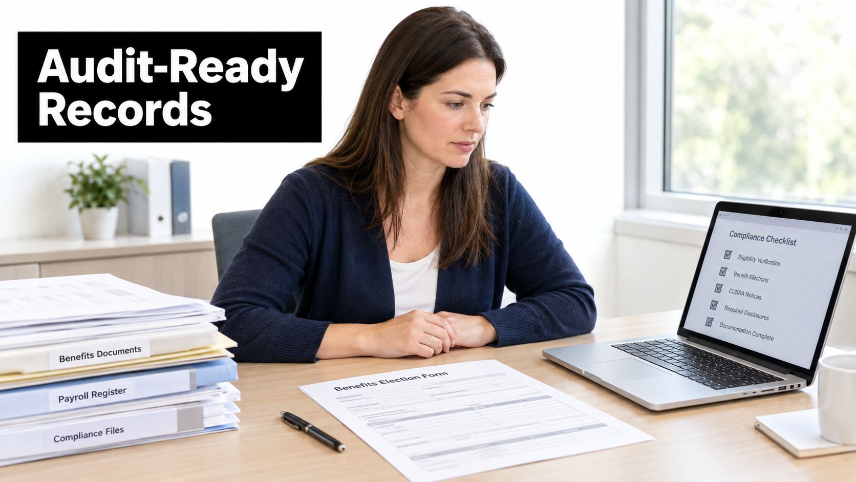 A professional woman at a desk reviewing benefits election forms and using compliance checklist software on her laptop.