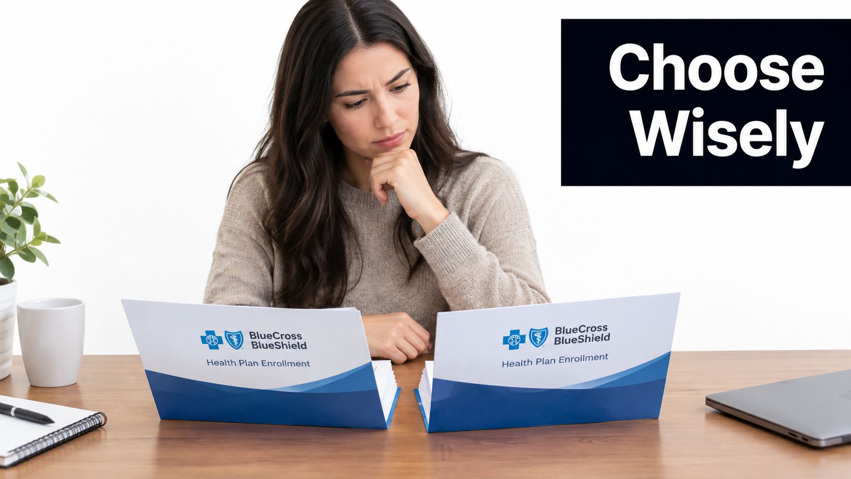 A concerned woman sitting at a desk comparing two BlueCross BlueShield health plan enrollment documents.
