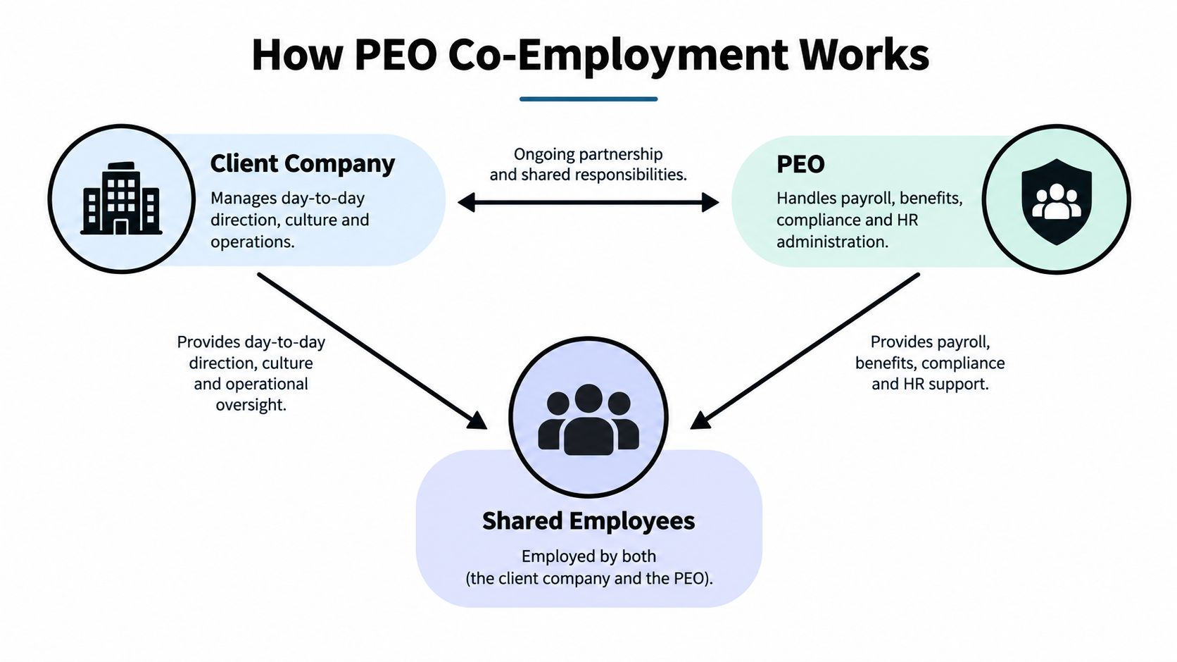 A diagram illustrating how a PEO co-employment relationship works between a client company, the PEO, and employees.