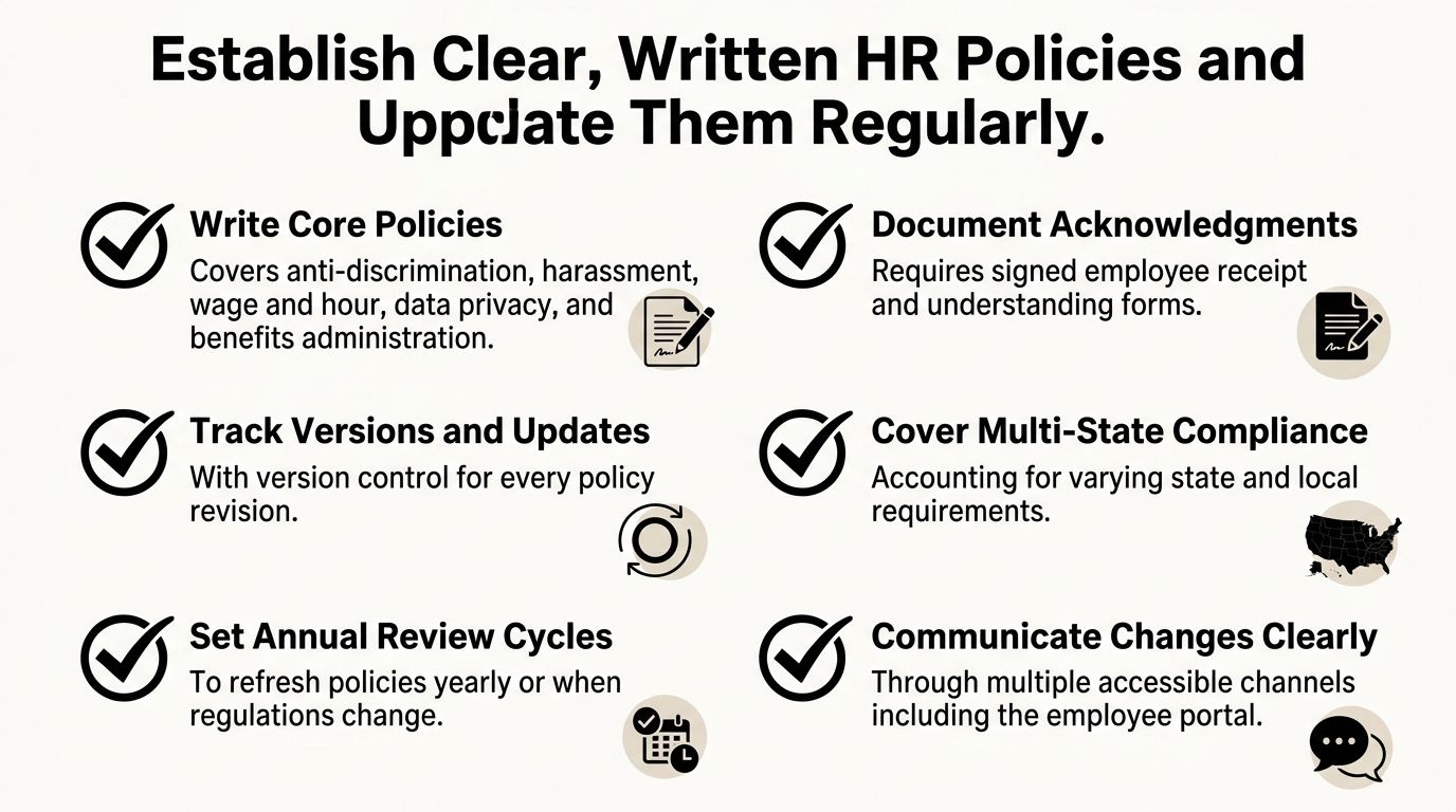 A checklist infographic outlining best practices for establishing and regularly updating clear company HR policies and procedures.