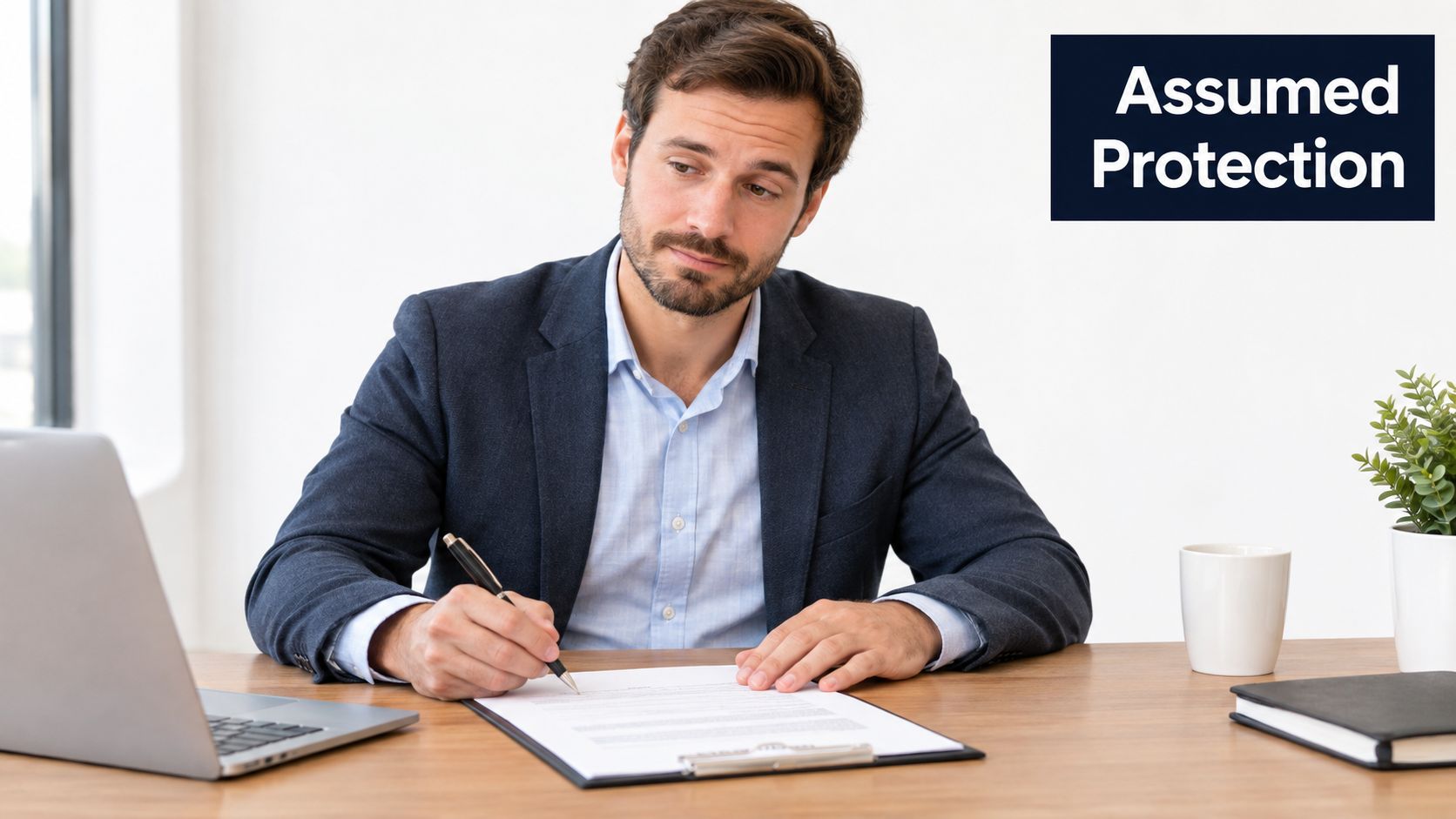 A professional man in a business suit sitting at a desk and signing a document with a pen.