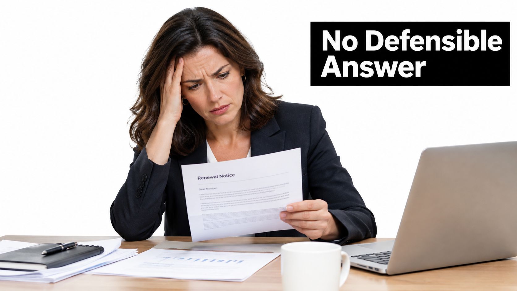 A businesswoman appearing stressed while reviewing a document at her office desk with a laptop.