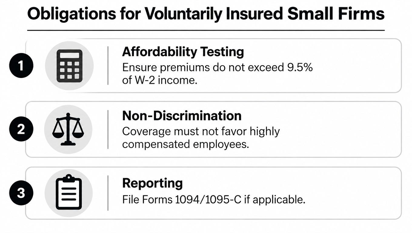 A list showing three key obligations for small firms regarding voluntary health insurance coverage requirements.