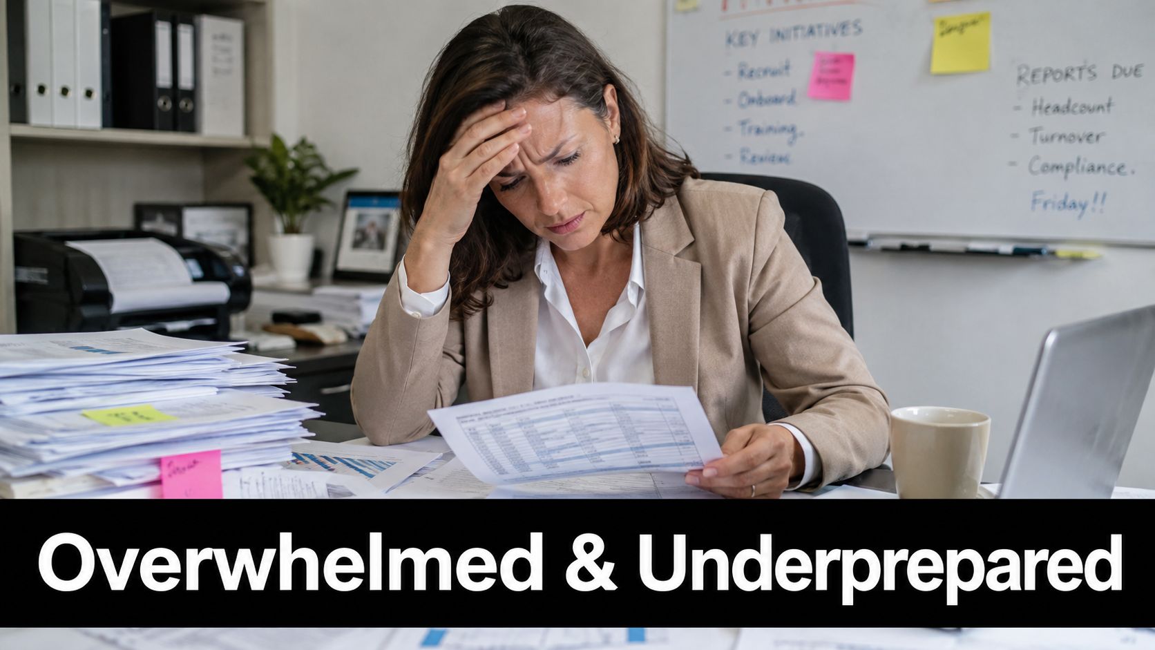 A stressed woman in a professional office setting looks overwhelmed by piles of paperwork at her desk.