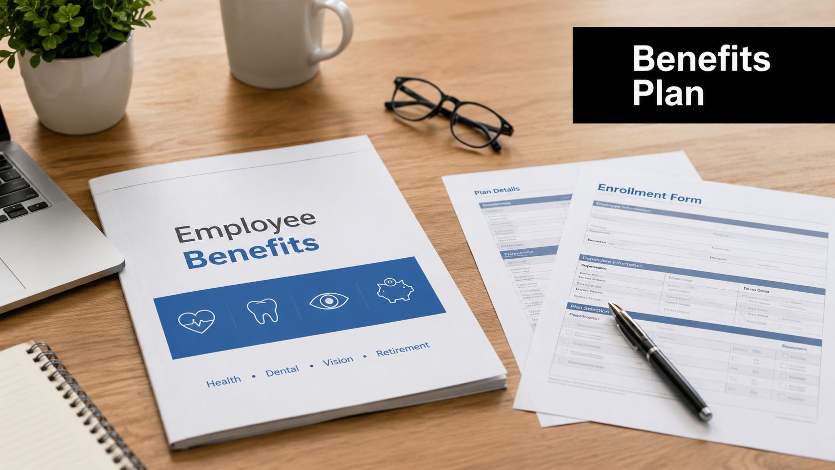 A checklist-style visual showing benefits, audits, enrollment, COBRA, cafeteria plans, ACA reporting, communication, records, payroll, and onboarding categories.