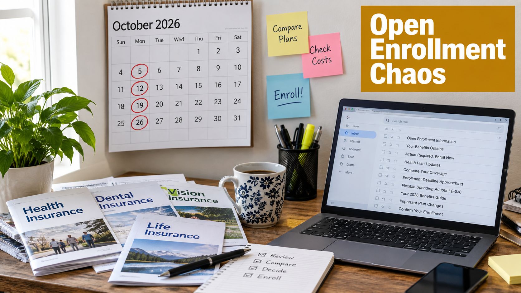 A workspace displaying open enrollment materials, a calendar for October 2026, and a laptop with emails.