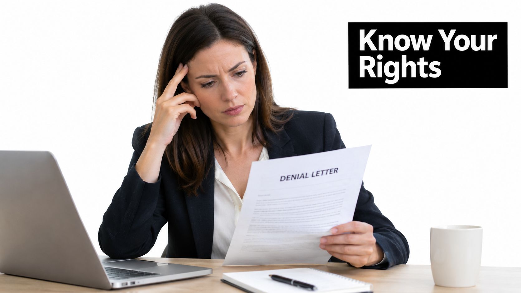 A concerned woman sits at a desk reading a formal denial letter while working on her laptop.