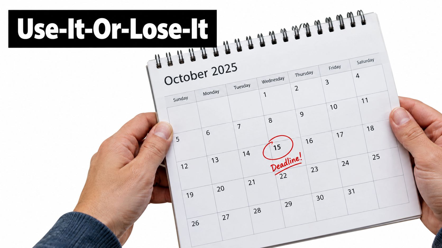 A person holding a calendar open to October 2025 with the date 15 marked as a deadline.