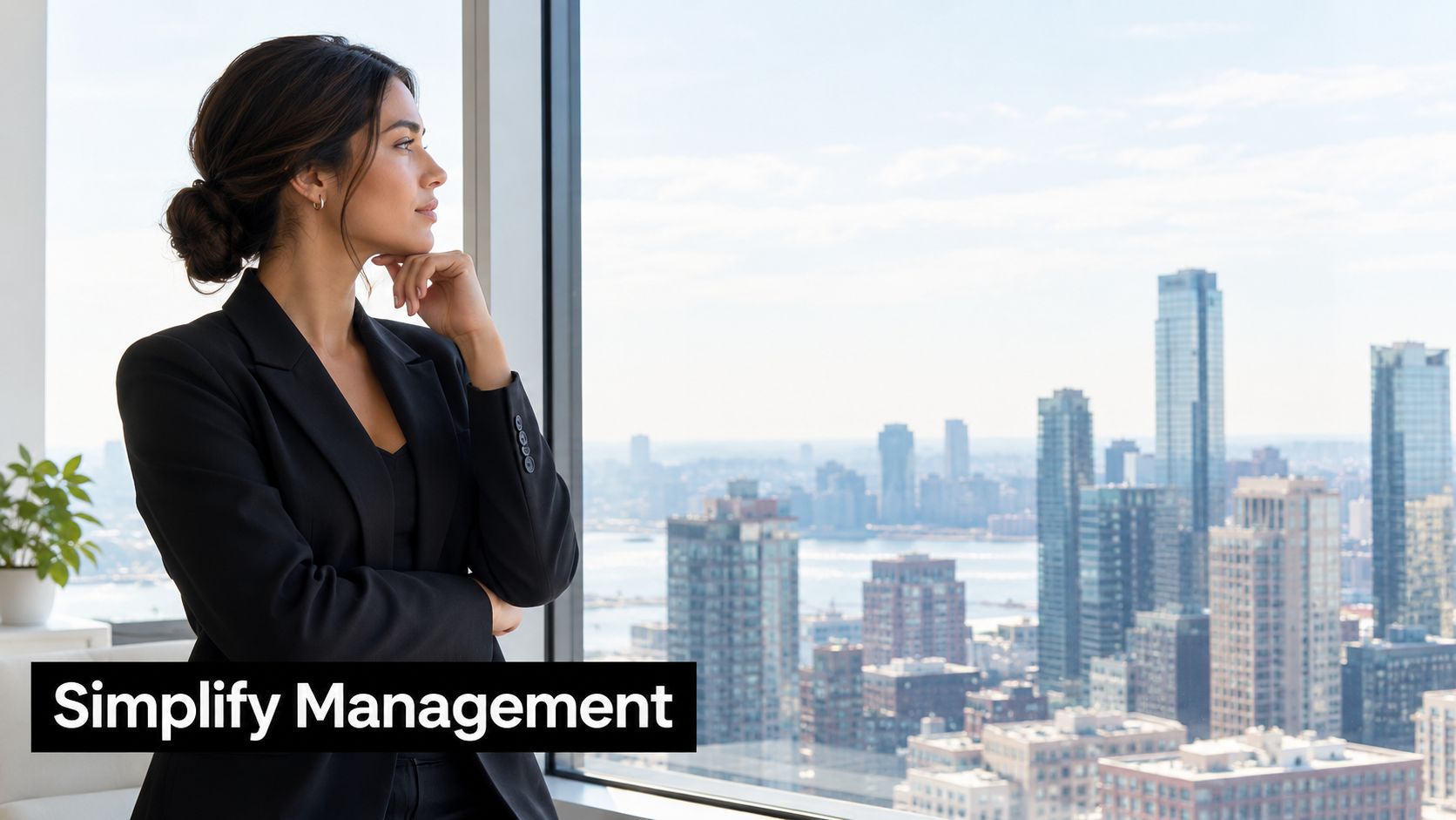 A professional woman in a suit looks thoughtfully out of a high-rise office window at a city.