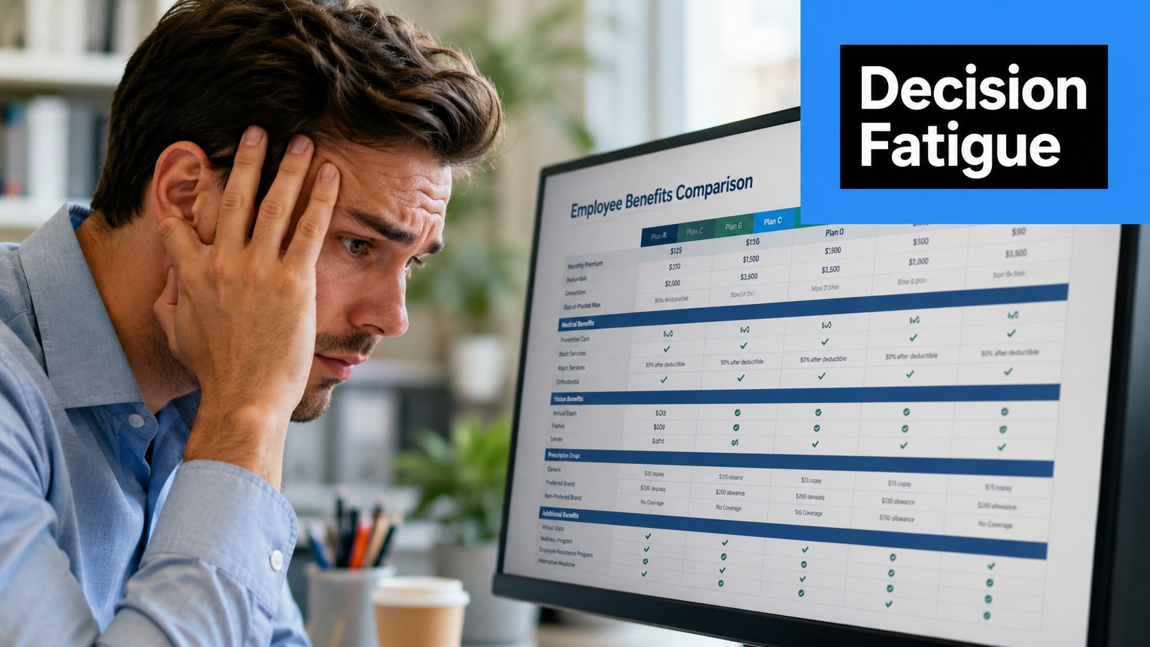 A man looking stressed while reviewing a complex employee benefits comparison chart on his computer monitor.