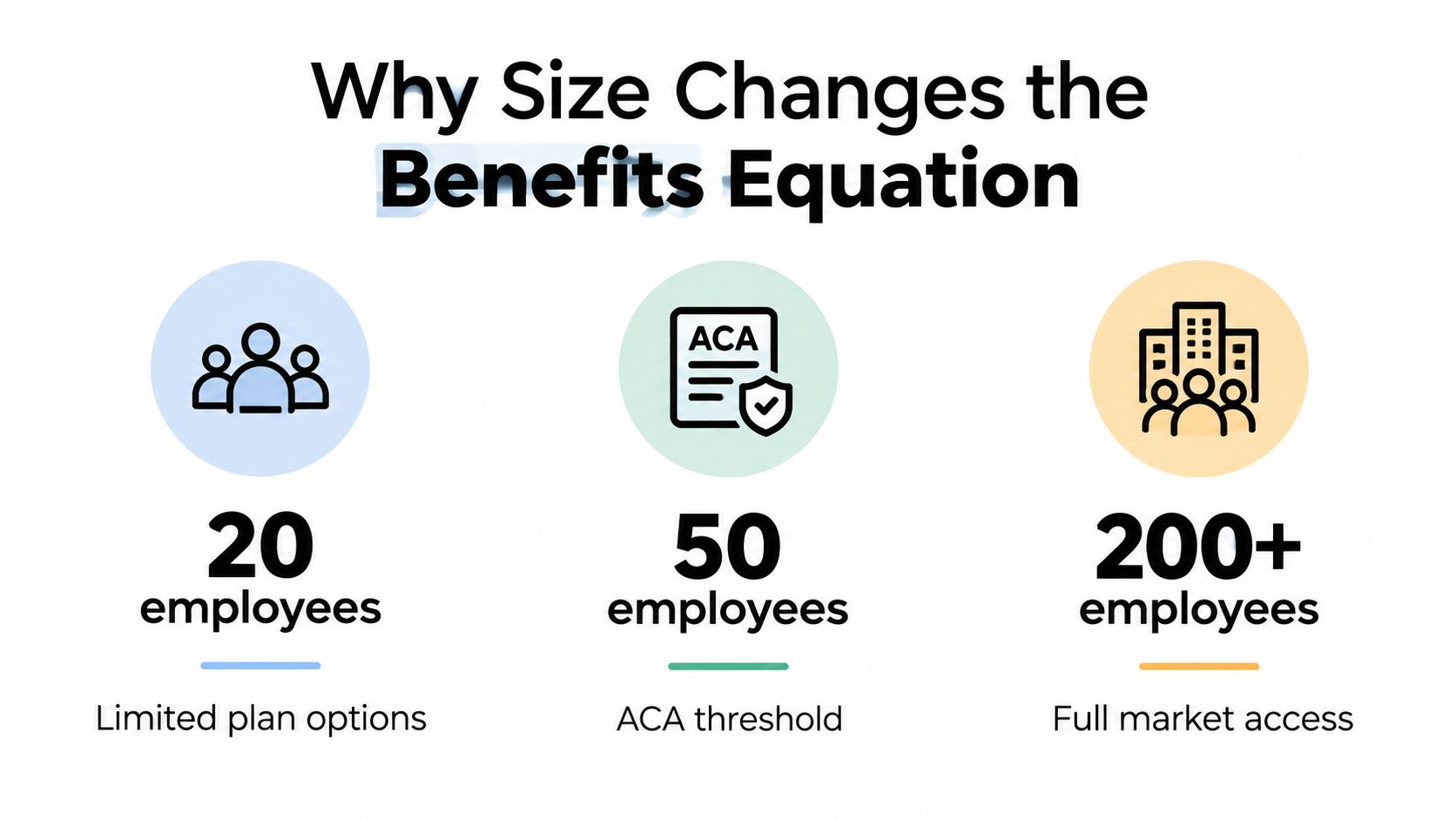 A graphic showing how company size influences employee benefit options, from limited plans to full market access.