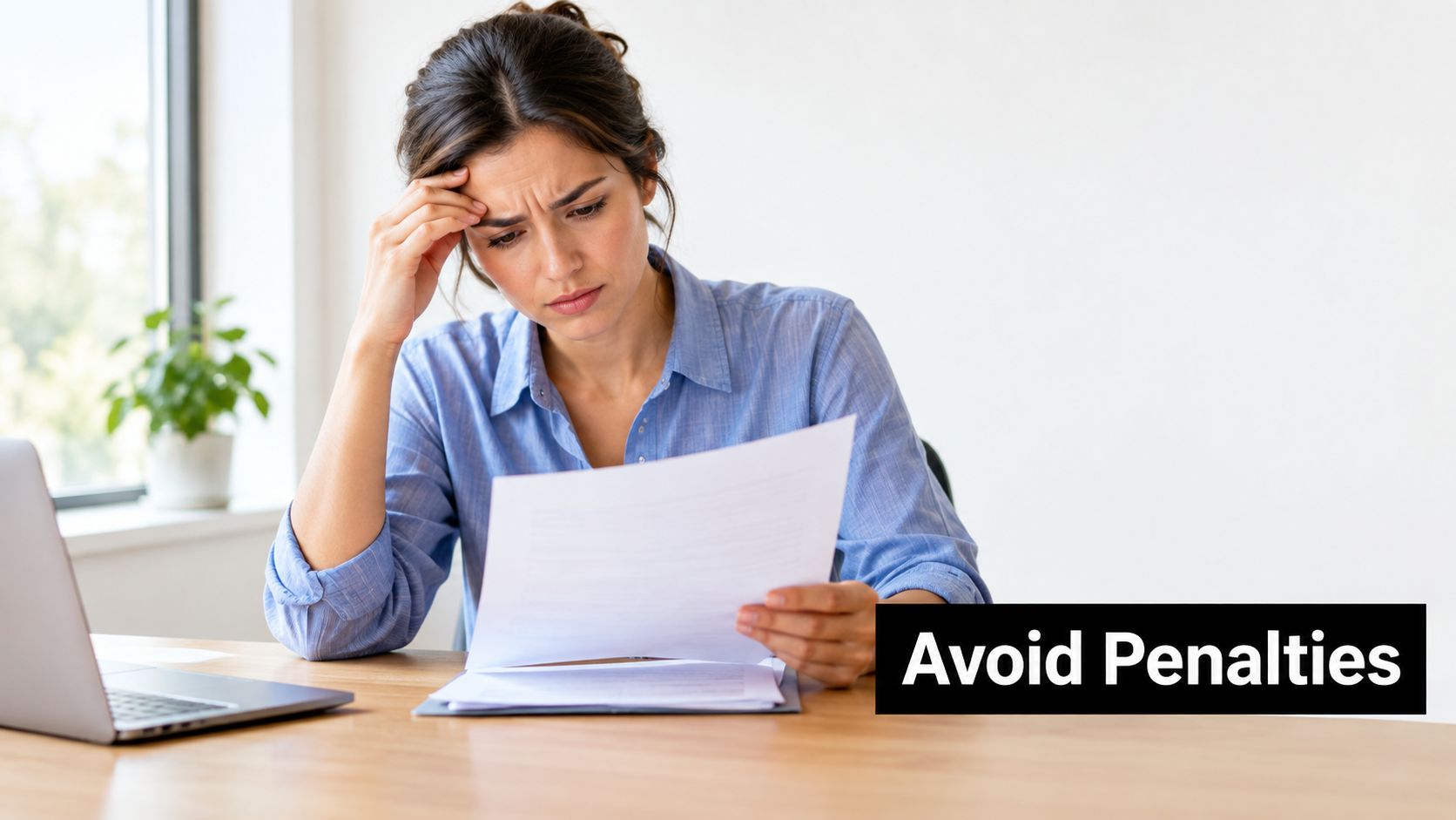 A concerned woman sitting at a desk reviewing important documents while feeling stressed about business compliance requirements.
