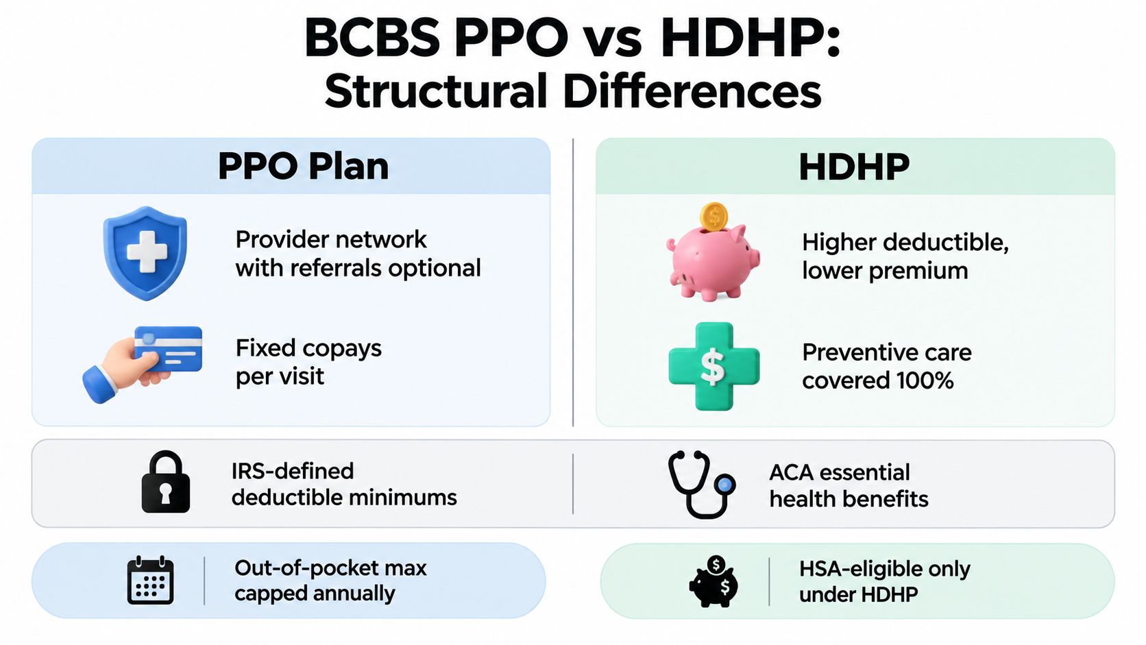 A comparison chart outlining the structural differences between Blue Cross Blue Shield PPO plans and HDHP health plans.
