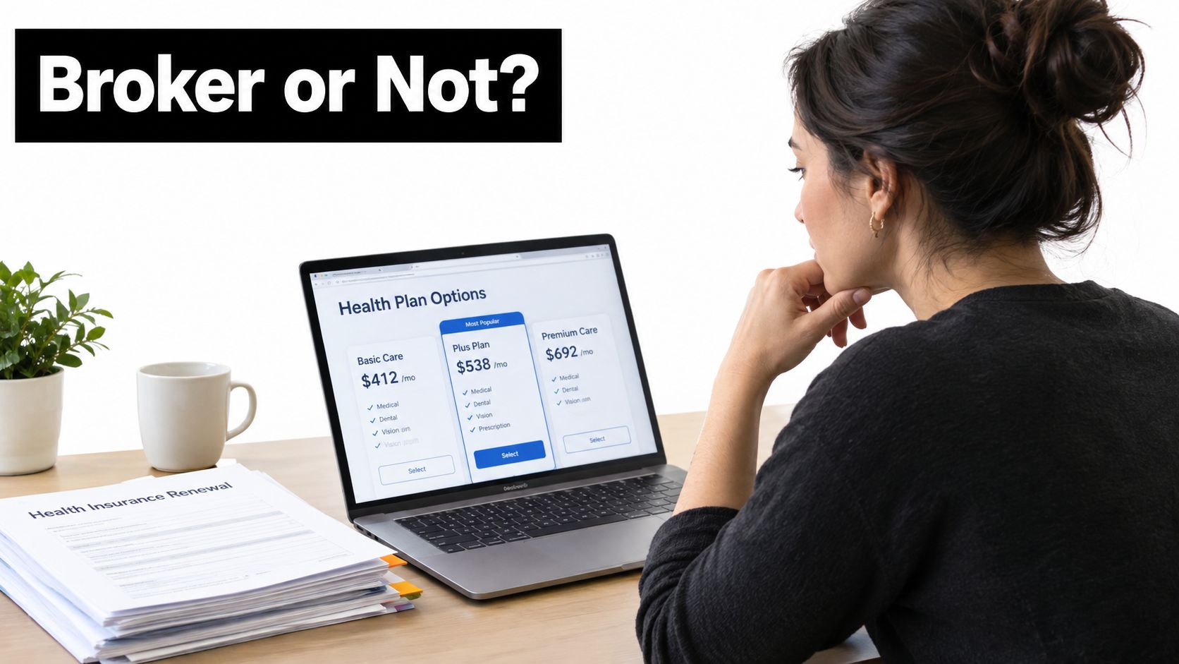 A woman looks at health insurance plan options on her laptop while sitting at a desk.