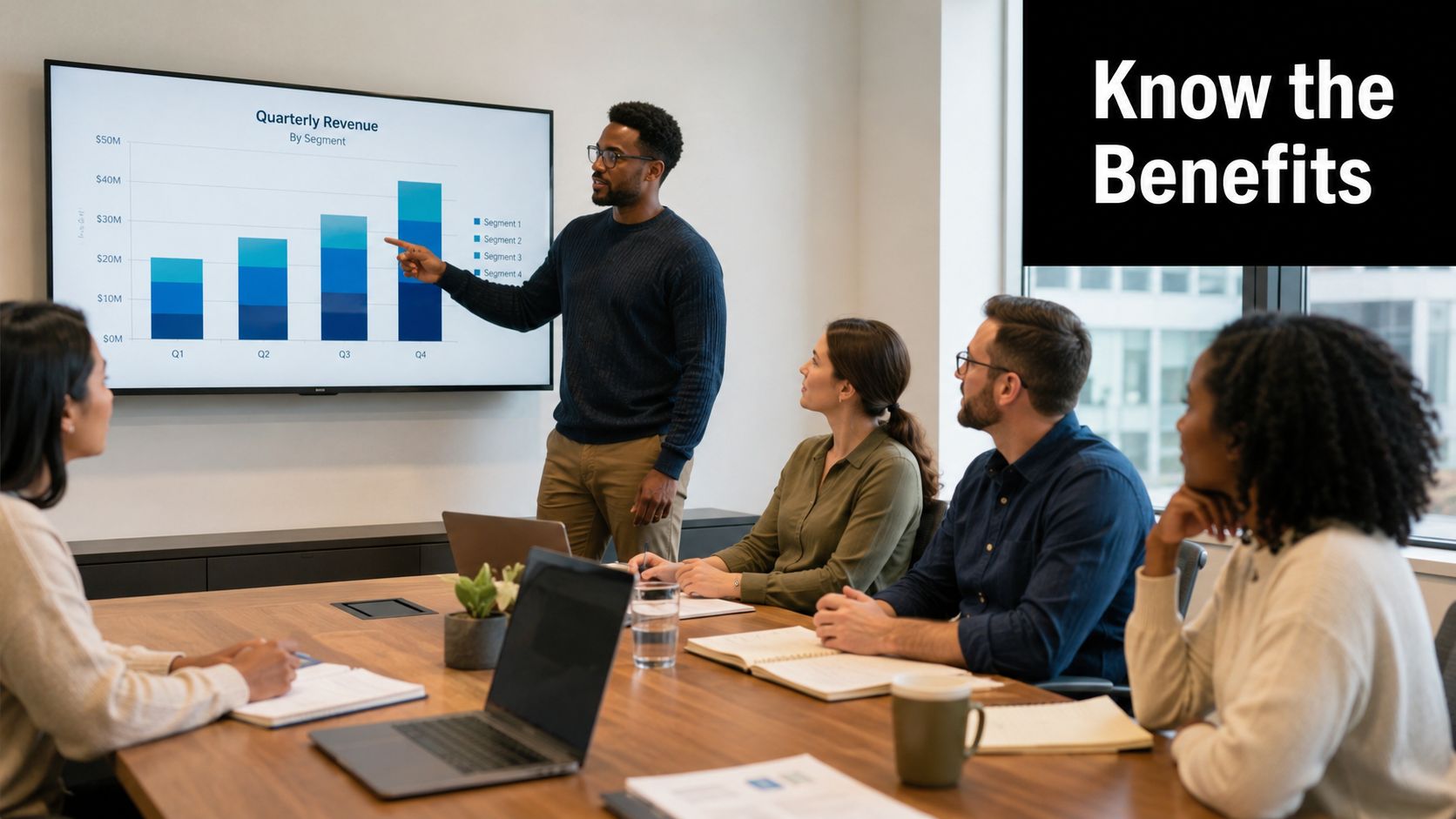 A professional man presenting a quarterly revenue bar chart to a diverse team in a conference room.