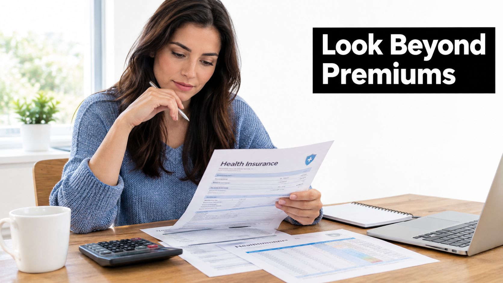 A woman reviewing health insurance documents at a desk with a calculator and laptop to compare options.