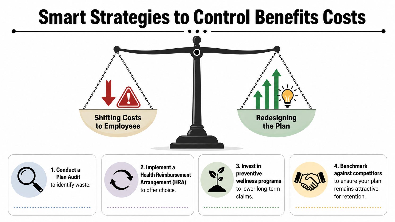 An infographic showing a balance scale depicting strategies to control employee benefits costs including audits and redesigning plans.