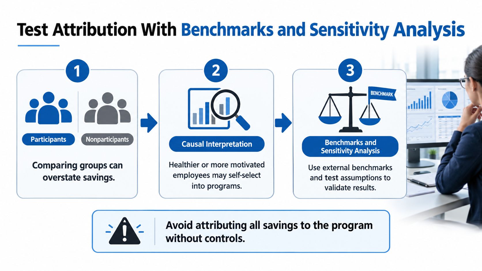 A diagram illustrating the process of testing wellness program ROI using benchmarks and sensitivity analysis.