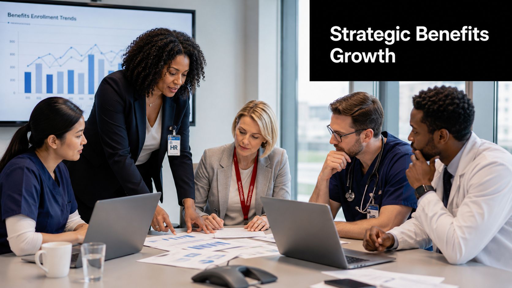 A diverse team of healthcare professionals and HR specialists collaborate on benefits growth strategies in an office meeting.