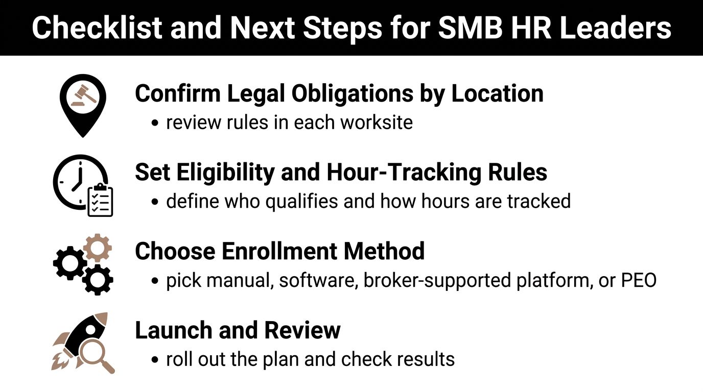 A checklist for SMB HR leaders outlining steps to implement benefits for part-time employees effectively.