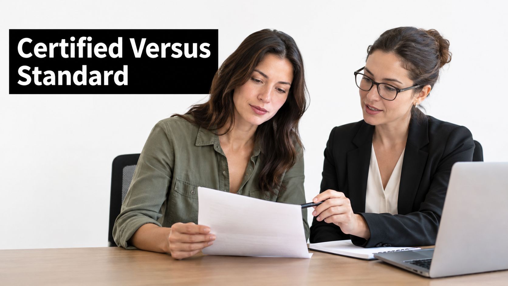 A professional woman in a blazer explaining a document to a colleague in an office setting.