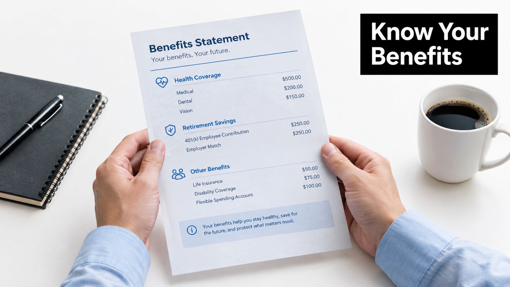A person holding a printed benefits statement document displaying various insurance and retirement savings information.