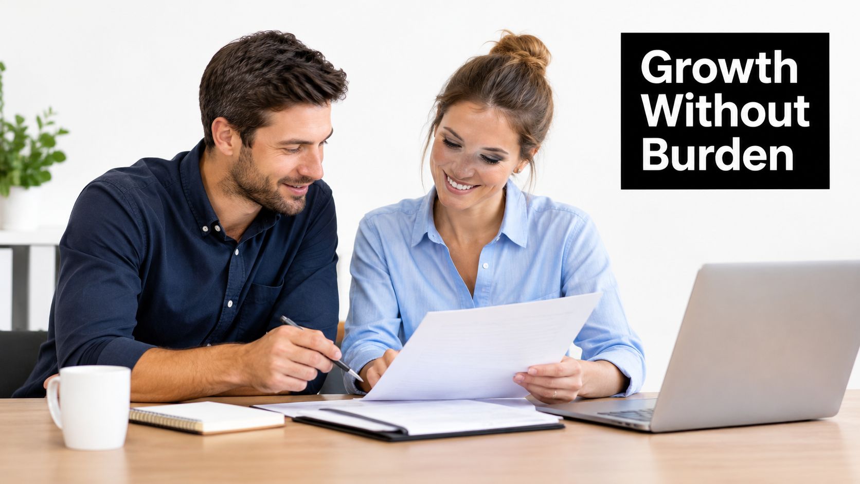 A professional man and woman collaborating together while reviewing business documents at a modern office desk.