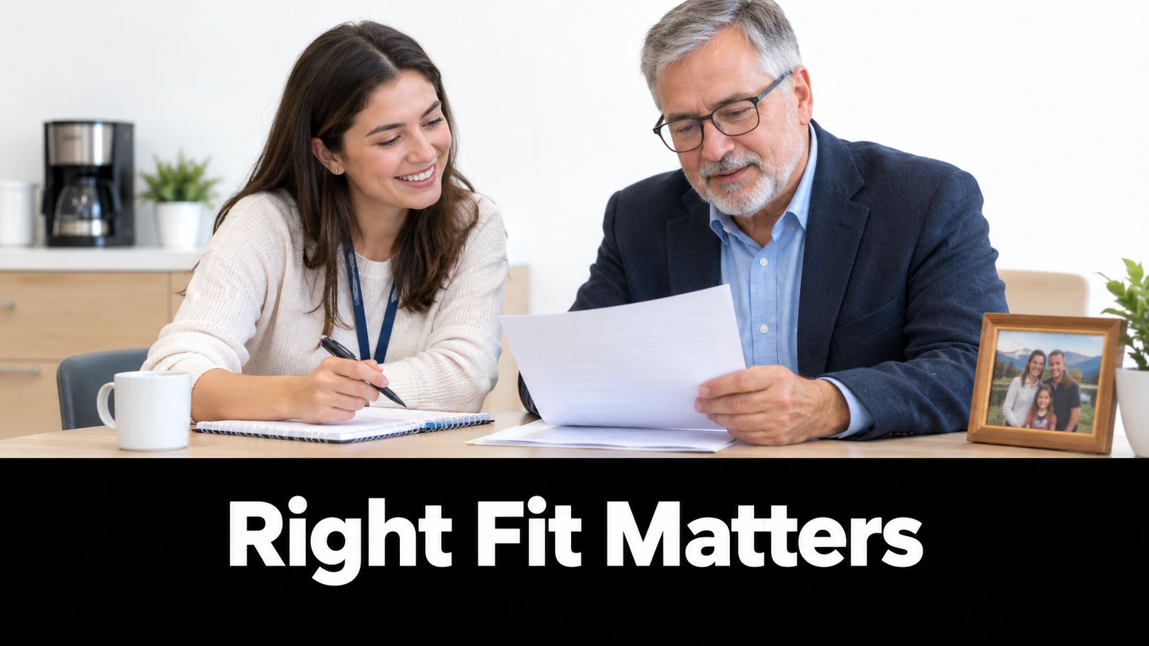 A smiling young woman and an older professional man reviewing documents together in an office setting.