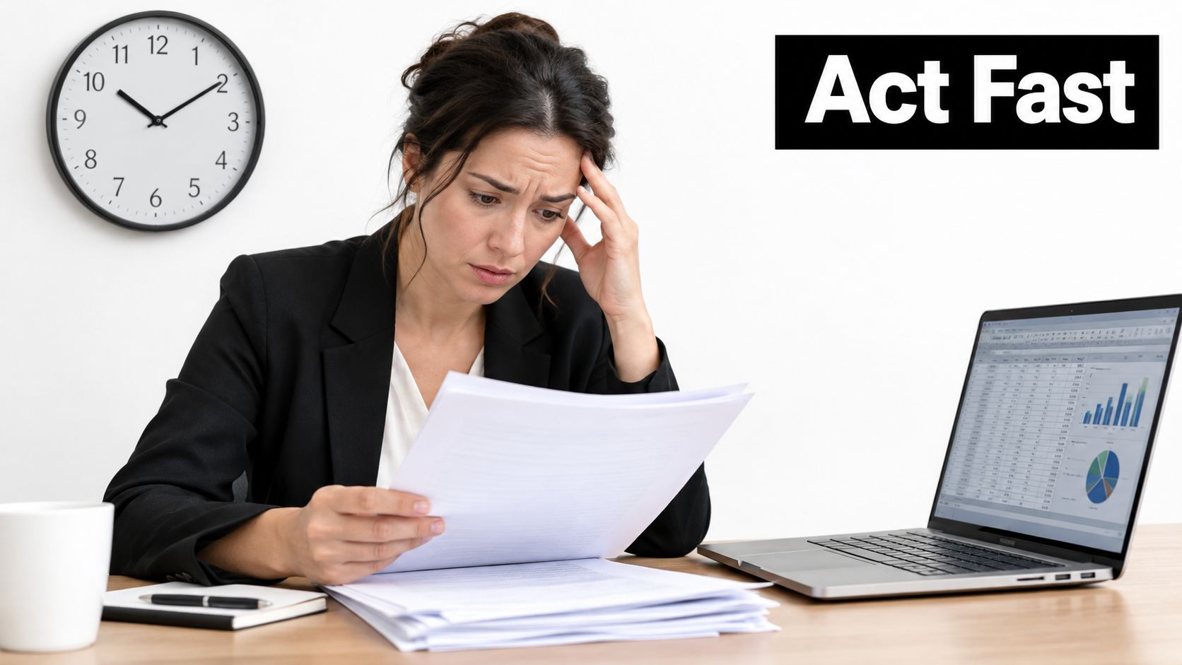 A stressed businesswoman reading documents at her desk with a laptop and a clock in the background.