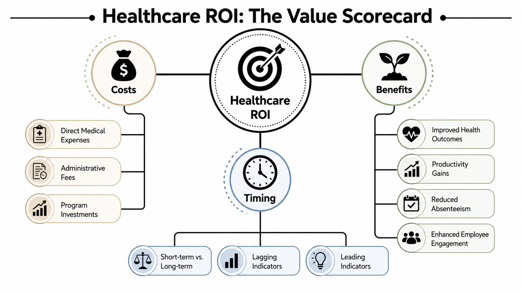An infographic titled Healthcare ROI: The Value Scorecard showing costs, benefits, and timing metrics for investments.