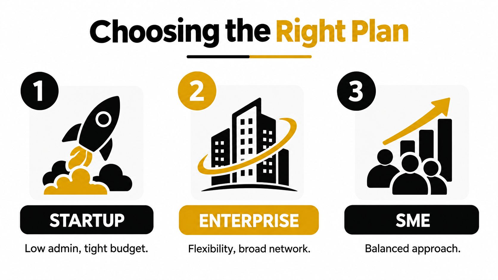An infographic titled Choosing the Right Plan showing options for Startup, Enterprise, and SME businesses.