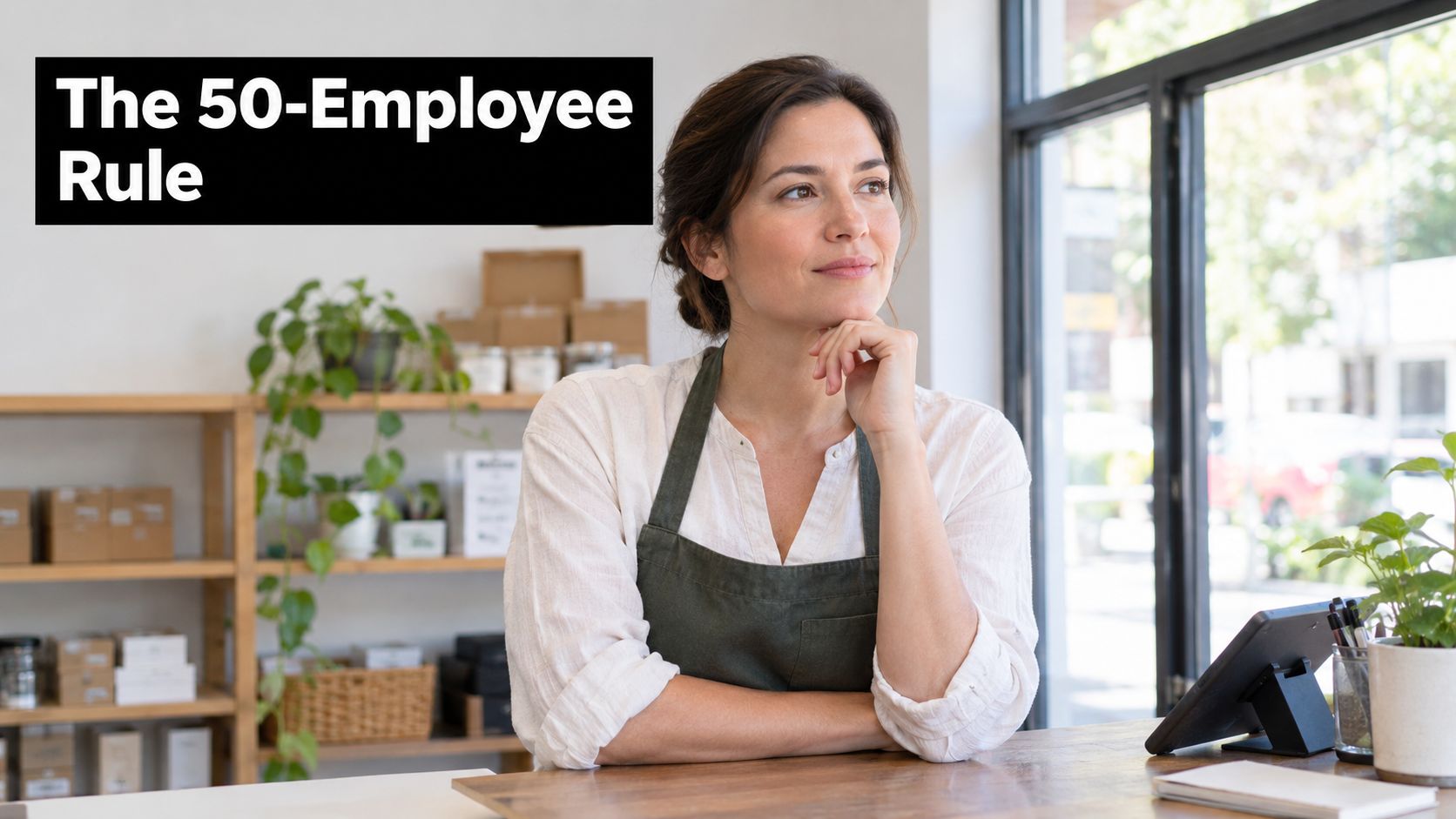 A female shop owner in an apron looking thoughtful while standing behind a store counter.