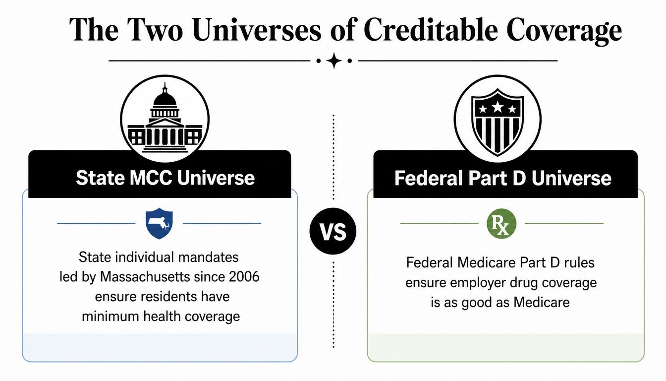 An infographic comparing the State Minimum Creditable Coverage universe to the Federal Medicare Part D drug coverage rules.