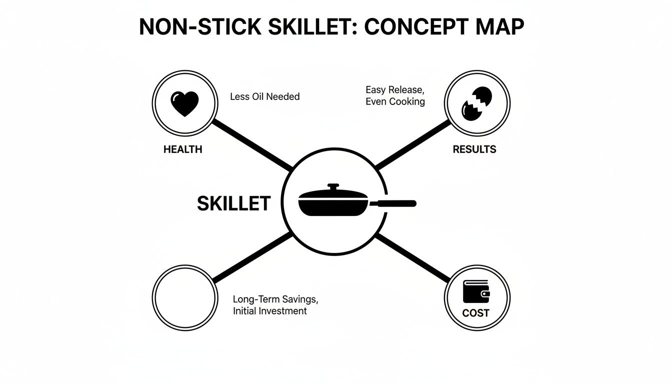 A concept map illustrating the benefits of a non-stick skillet, including health, cooking results, and cost.