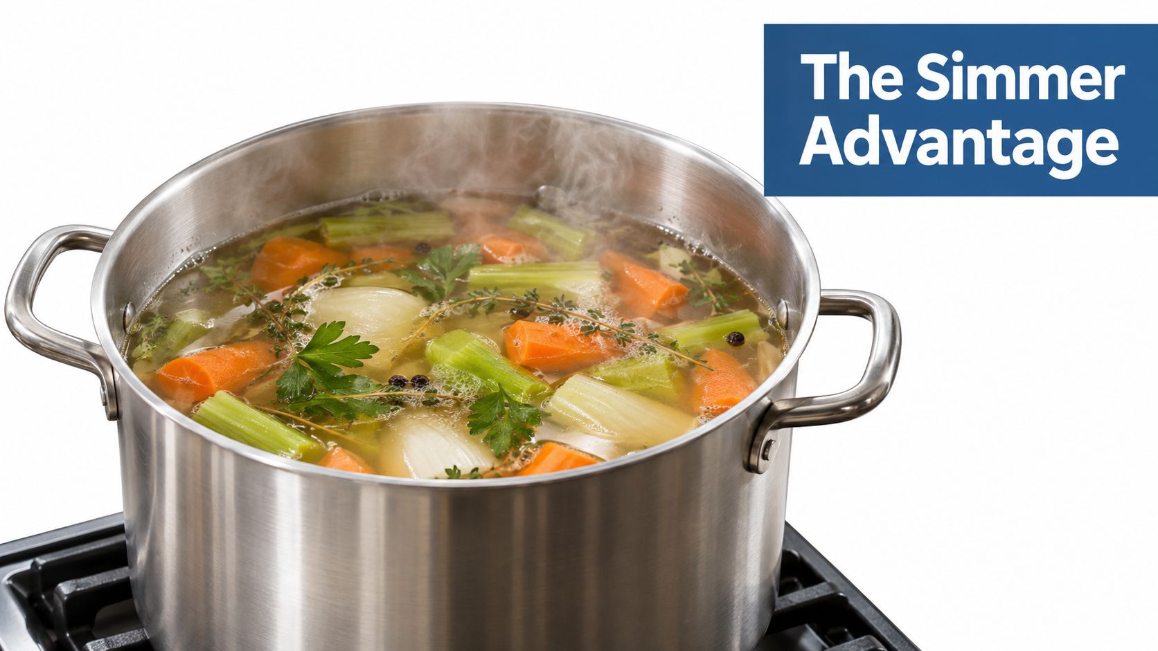 A large stainless steel stock pot filled with vegetables and broth simmering on a kitchen stove.