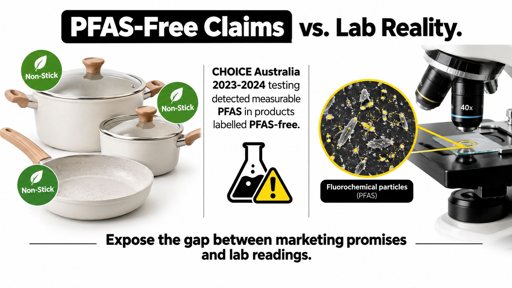 An infographic showing a non-stick cookware set labeled PFAS-free being analyzed under a laboratory microscope.